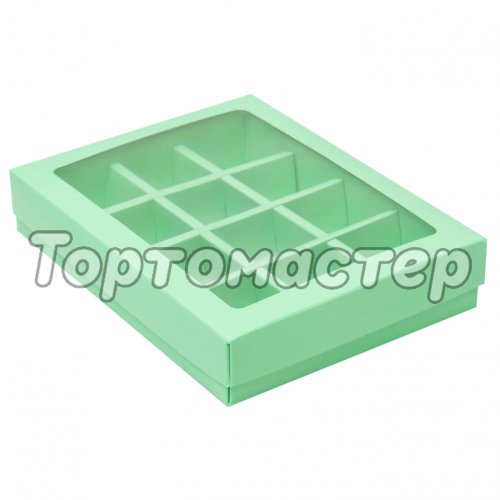 Коробка на 12 конфет с окном зелёная 19х15х3,6 см КУ-175 