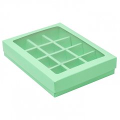 Коробка на 12 конфет с окном зелёная 19х15х3,6 см КУ-175 